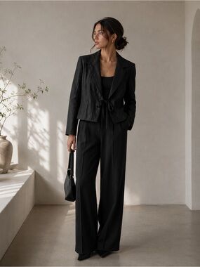 Max Mara Linen Silk Cropped Tie Front Blazer Black US 6 IT 40